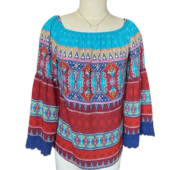 Soulmates Tops - Soulmates Vibrant Patterned Off-Shoulder Blouse